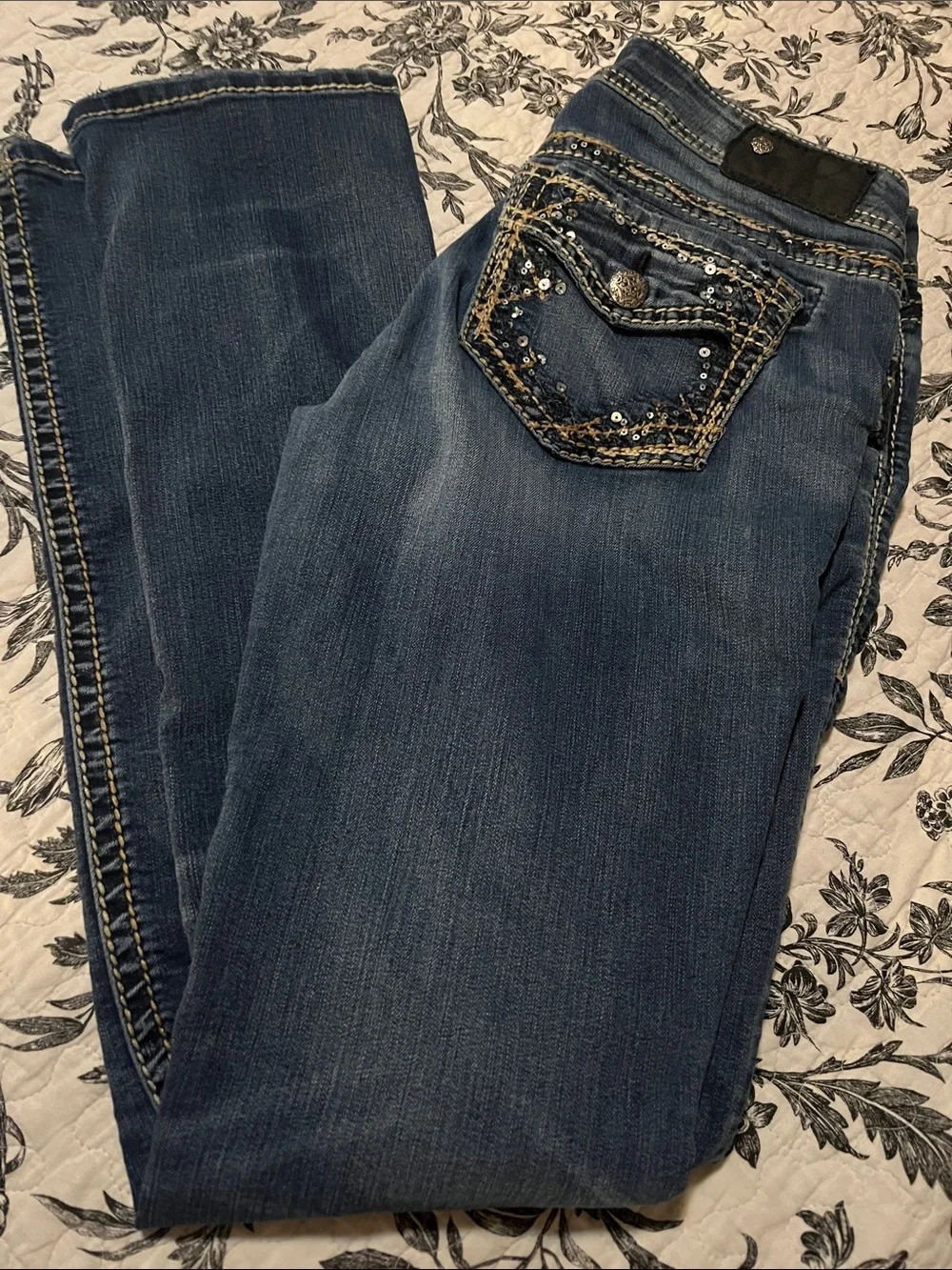 Silver Jeans Dark Blue Bootcut Jeans with Sequin Pocket Detail
